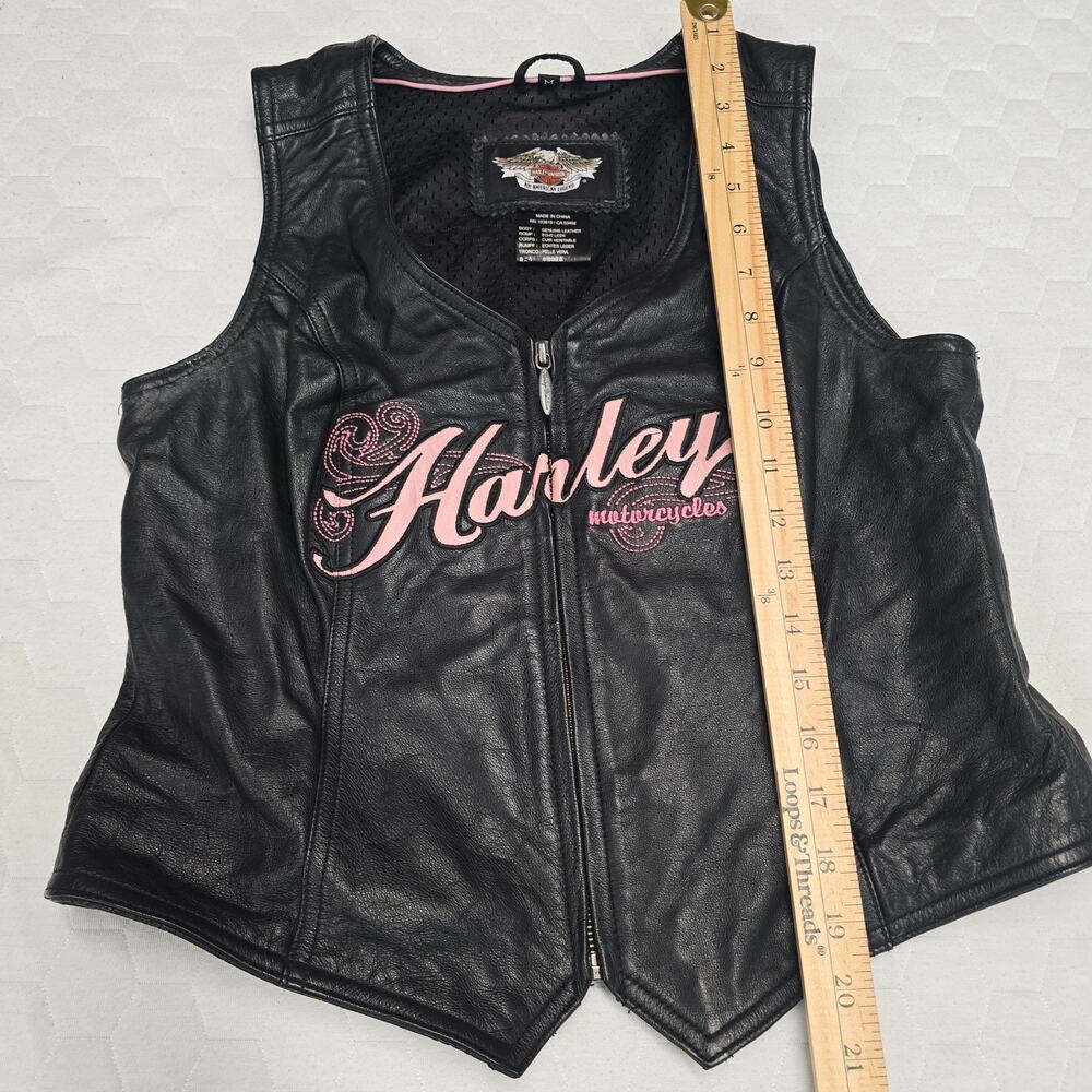 Harley Davidson Miss Enthusiast Leather Riding Vest Womens M Black Pink Y2K - Picture 9 of 9